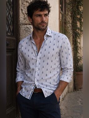 R2 Amsterdam Bird Print Shirt | Men’s M-L, Tailored Fit Cotton Button-Up